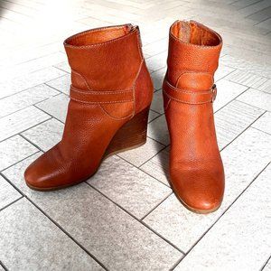 J. CREW Caramel Brown Leather Wedge Heel Ankle Boots Women's Size 36.5